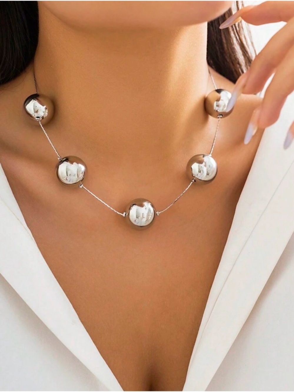 Silver Sphere Station Necklace - Silver